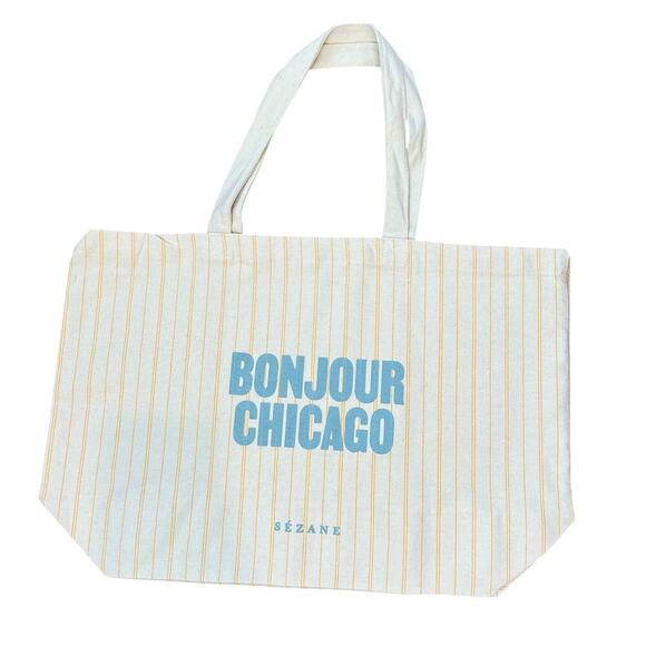 NWOT Sezane Bonjour Chicago Print Striped Canvas Tote Bag - Picture 1 of 7